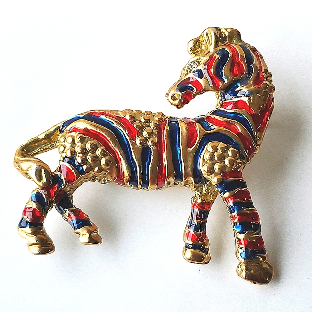 Vintage Goldtone Zebra Brooch Pin with Enamel and Rhinestone Detail